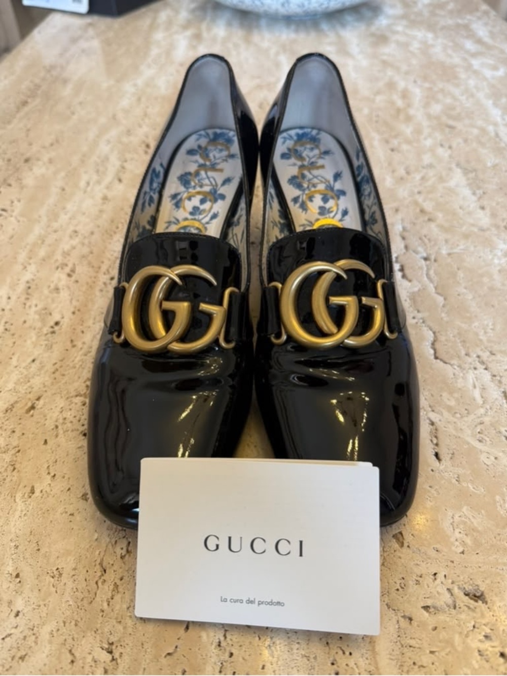 Gucci Black Patent Leather Loafers with Gold Double G